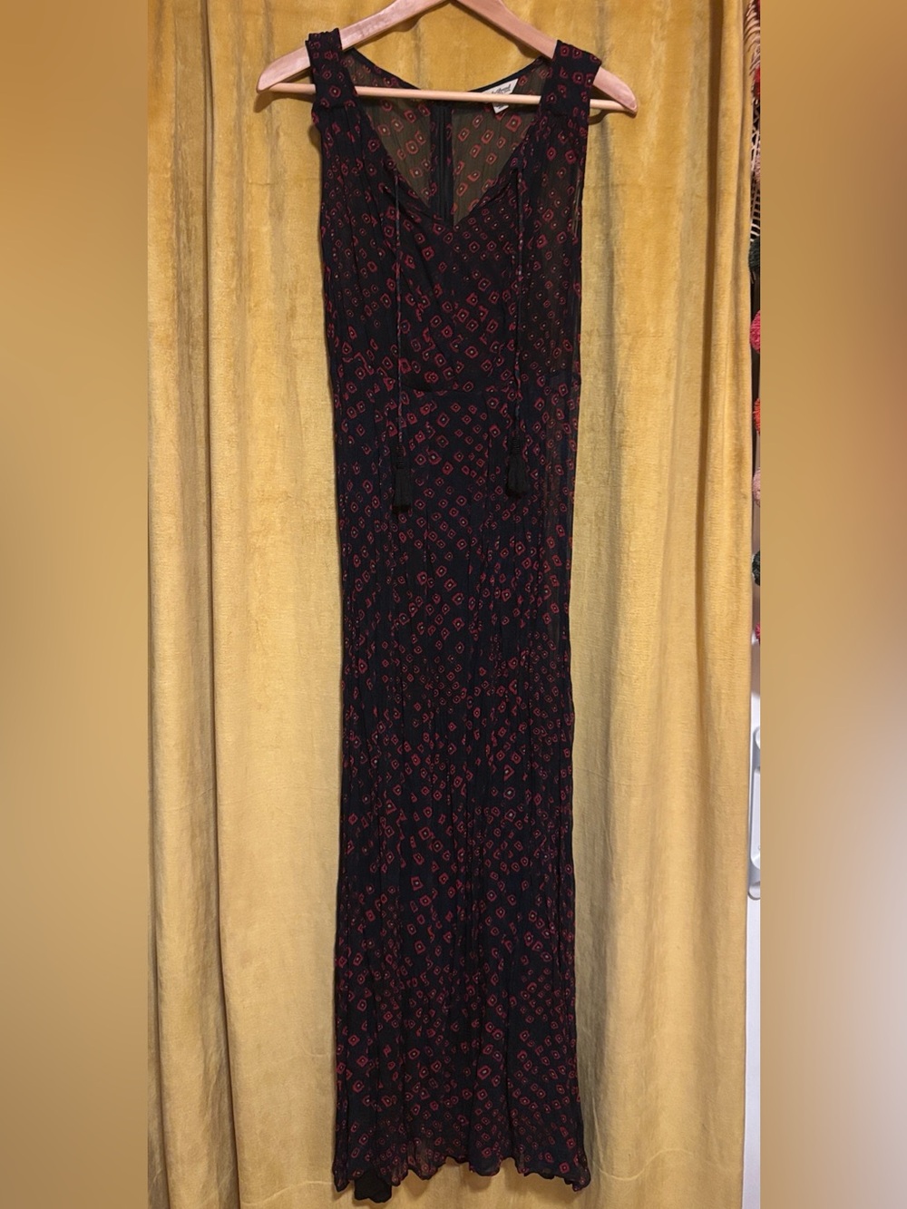 Lucky Brand Boho Maxi Dress with Diamond Print and beaded tassels Small
